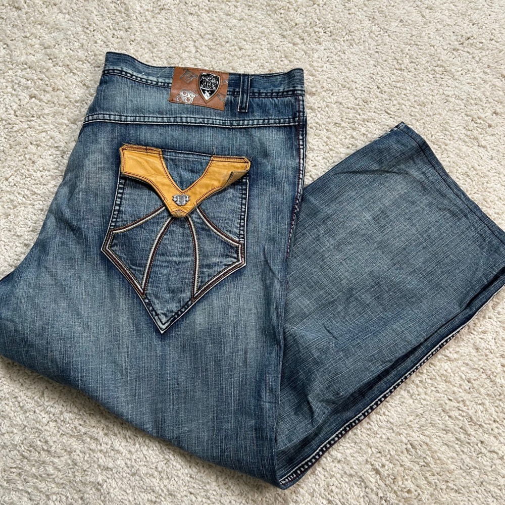 Pelle Pelle Jeans 50X34 50X33 Blue Baggy Leather Trim Streetwear Denim Baggy Y2K